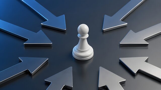 White chess pawn targeted by metallic arrows on dark background representing business pressure focus and strategic planning