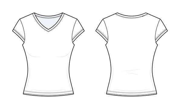 Women's V-Neck Cap Sleeve Baby Tee Technical Fashion Flat Sketch CAD Vector Template. Front and Back View Blank T-Shirt Mockup Design.