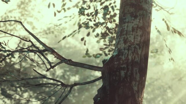 Sunlight filters through the leaves of trees in a forest. The scene shows light shining on a tree trunk. Morning light creates a warm feeling in the area.