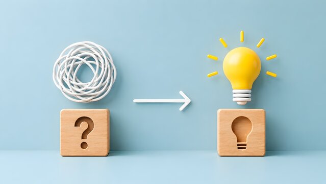 Problem solving concept transforming tangled complexity into clear innovative lightbulb solution on blue background