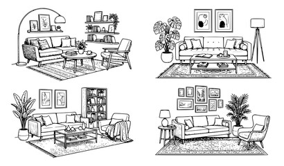 Obraz premium Living Room Interior Engraving Vector Collection in Black and White