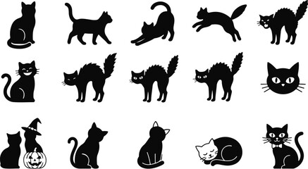 Obraz premium Halloween Black Cat Icons Collection - Cute, Sitting, Walking and Scared Cat Silhouette Vector Set