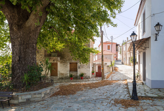 Street and architecture in Ksinovrisi village, central Pelion, central Greece