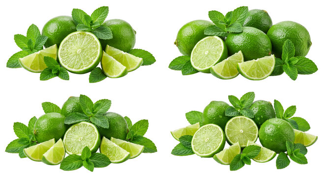 Fresh Limes and Mint Leaves Arranged, Cutout PNG