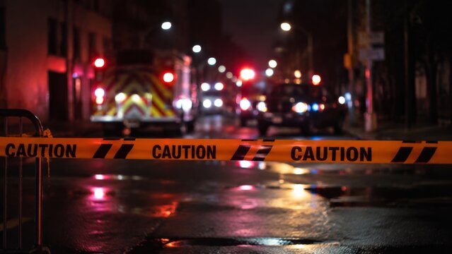 Bright orange caution tape marking a scene at night, with the blurry shapes of fire trucks and blinking emergency lights in the background