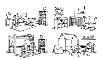 Obraz premium Children's Room Interior Engraving Vector Collection in Black and White