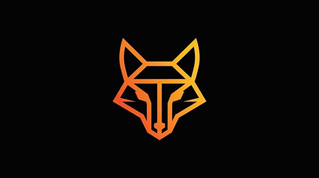 Geometric orange fox head linear logo on black background.