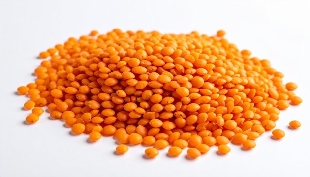 Red lentils isolated on white background, close up macro of dry organic lentils heap, healthy vegetarian ingredient, agriculture seed grain texture