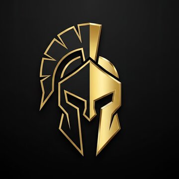 Golden Spartan helmet logo on black background.