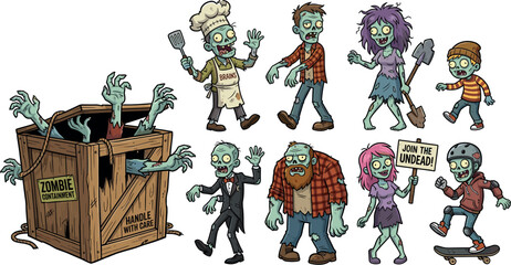 Funny cartoon zombie characters set including a chef businessman skater girl and a wooden shipping crate isolated on white background vector illustration © MstBizly