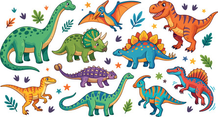 Large collection of cute cartoon dinosaur characters including tyrannosaurus rex triceratops brachiosaurus and stegosaurus isolated on white background vector illustration © MstBizly
