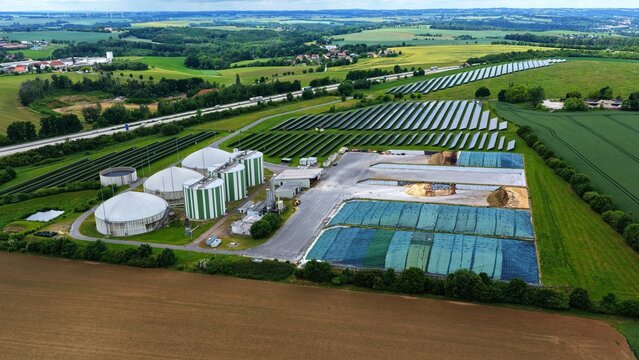 Wide Aerial View Renewable Energy Park Biogas Plant Solar Farm Rural Landscape
