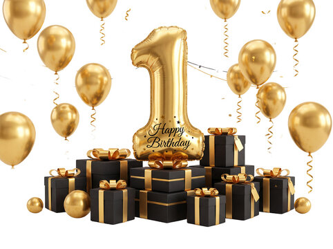 Golden Number One Balloon with Black Gift Boxes and Balloons, Cutout PNG