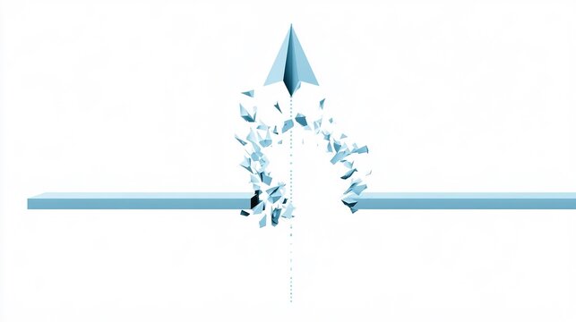 Minimal digital artwork of light blue paper airplane flying upward breaking flat horizontal blue structure, fragmented geometric shards spreading outward in arc shape, vertical dotted trail line
