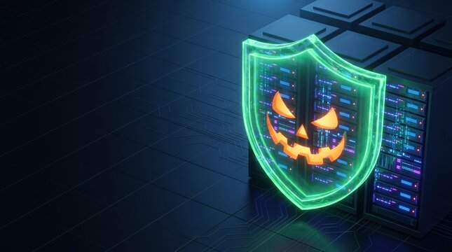 3d illustration jack o lantern data protection server rack private database data center computer security cloud security cyber security network protection firewall shield pumpkin lantern