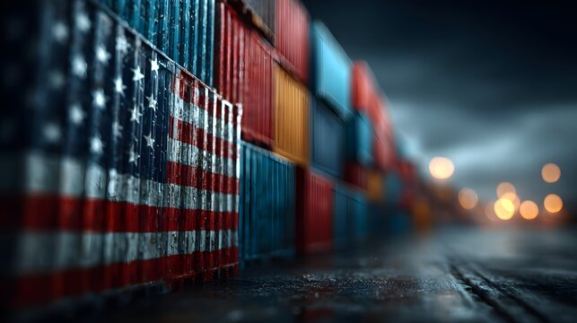 Row of shipping containers with United States flag on the front. Import tax and trade war policy concept.