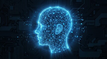 Fototapeta premium A glowing blue wireframe human head in profile made of interconnected lines and nodes, set against a dark circuit‑board background. The image evokes neural networks, data flow, and the fusion of human