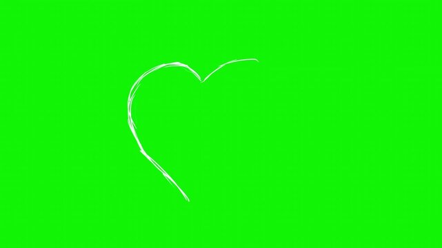 Hand drawn heart shape 2d animation scribble style white lines on green screen background, Motion graphic video