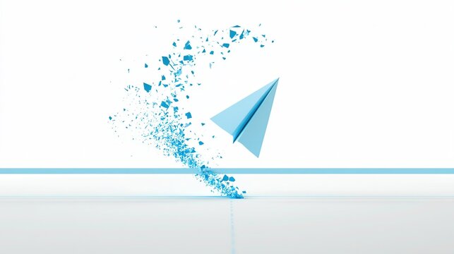 Minimal digital artwork of light blue paper airplane flying upward breaking flat horizontal blue structure, fragmented geometric shards spreading outward in arc shape, vertical dotted trail line