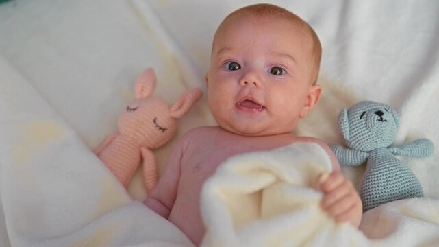 Baby with bare chest grasps soft white blanket and lies with knitted bunny and bear, gazing upward in studio; innocence bonding.