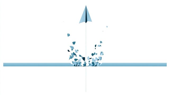 Minimal digital artwork of light blue paper airplane flying upward breaking flat horizontal blue structure, fragmented geometric shards spreading outward in arc shape, vertical dotted trail line