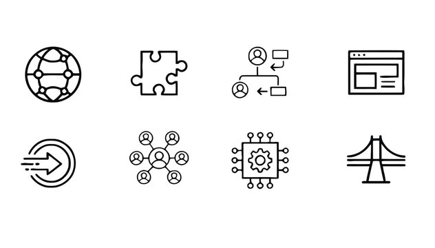 Business solutions icon set global network puzzle collaboration and data analysis