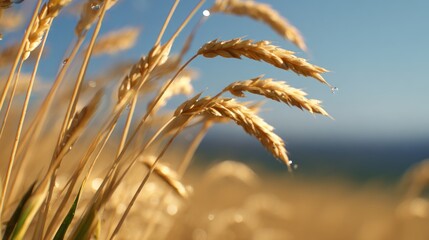 Fototapeta premium Golden wheat stems sway gently in the sunlit field, droplets glistening against a clear blue sky