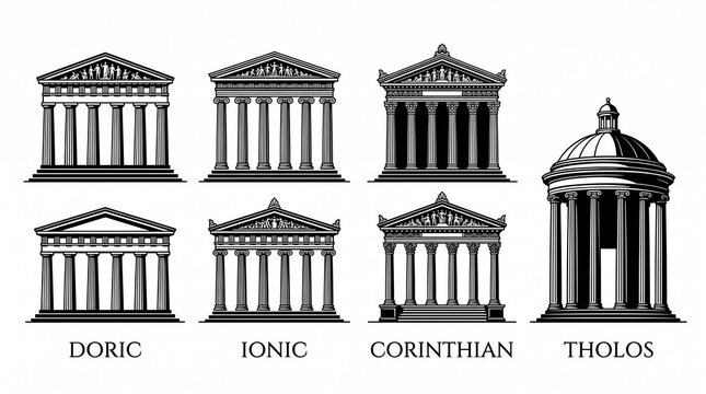 Collection of four classical temple icons with columns and pediments, symbolizing architecture, history, and cultural heritage in elegant black‑and‑white graphic design.