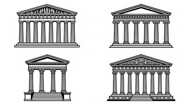 Collection of four classical temple icons with columns and pediments, symbolizing architecture, history, and cultural heritage in elegant black‑and‑white graphic design.