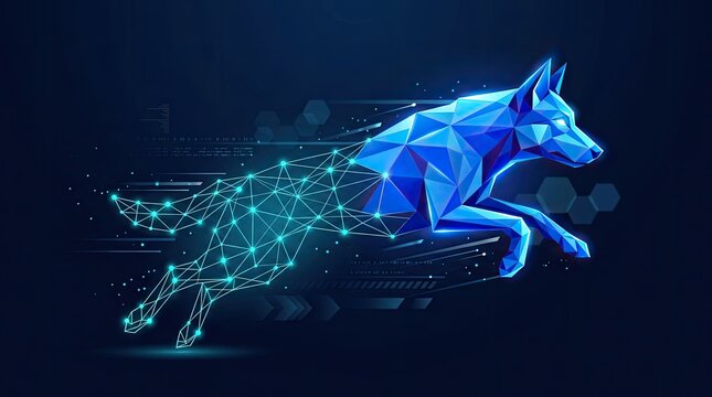 Low poly geometric blue wolf running silhouette