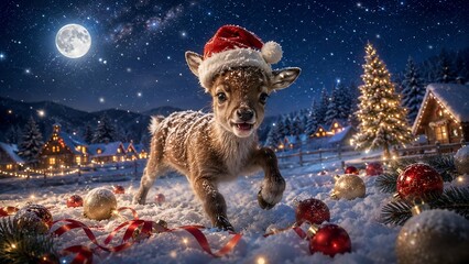 Fototapeta premium Baby Reindeer in Santa Hat Under Full Moon in Snowy Christmas Night