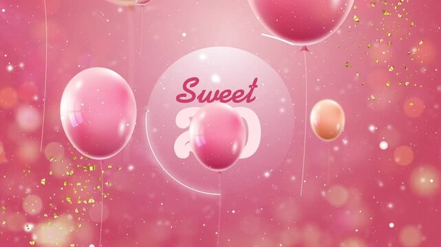 Sweet 20 Birthday Greeting Text Surrounded by Flying Pink Balloons and Golden Confetti