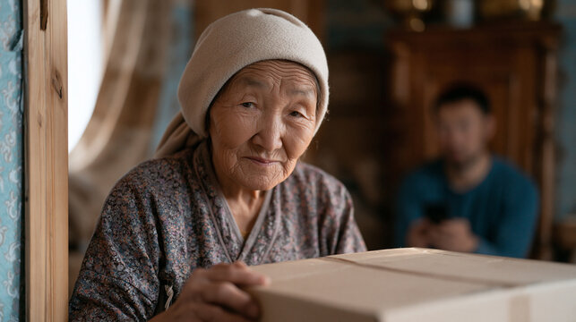 Mongolian elderly woman packing her last box in a childhood home while her adult son films the empty living room on a phone, quiet candid intergenerational moment, late afternoon
