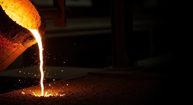 Close up of glowing, bright molten metal being poured from a ladle or crucible in a dark industrial environment, ore, ladle, silver