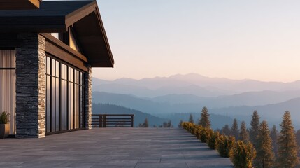 Fototapeta premium Modern house with stone facade and glass windows overlooks serene mountain range at sunrise