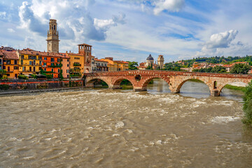 Obraz premium View on Arno Ponte Pietra and the banks of Arno River. Verona, Italy 
