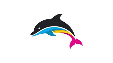 Naklejka premium Stylized dolphin jump icon with rainbow colored tail.