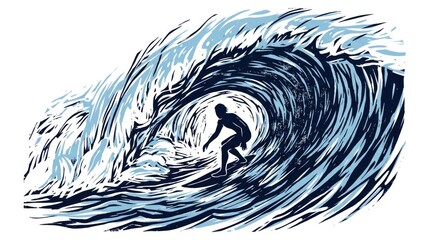 Surfer riding a giant blue ocean wave illustration