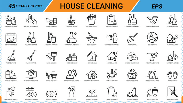 House cleaning icon set featuring line art illustrations of domestic sanitization tools.