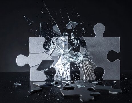 A shattered puzzle piece explodes, fragments flying against a dark background