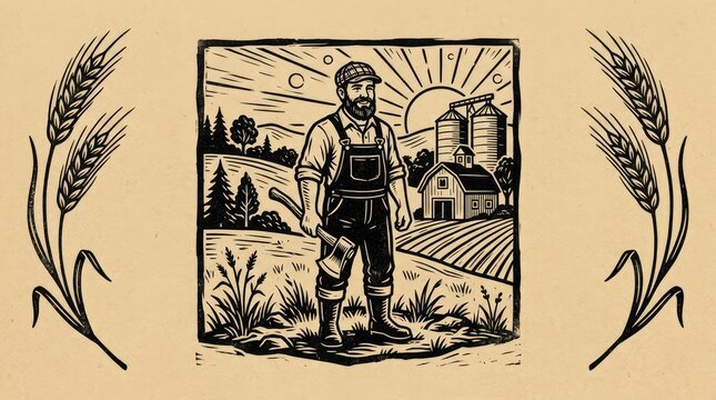 Vintage woodcut farmer with pitchfork and wheat stalks.