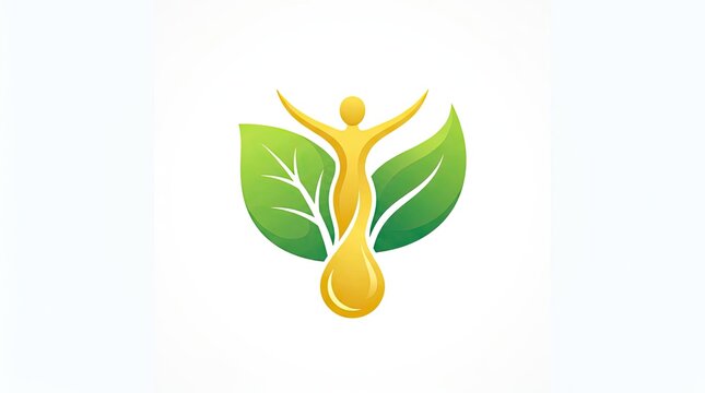 Wellness logo golden human figure green leaves.