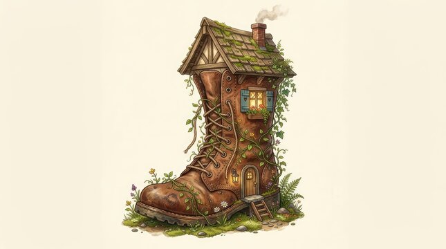 Whimsical fantasy house built inside vintage leather boot.