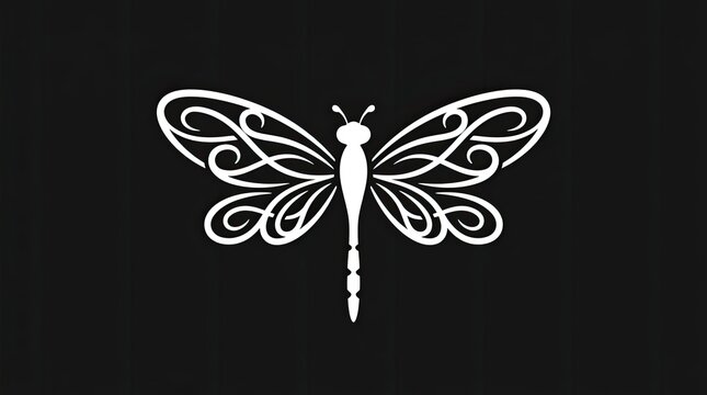 White line art dragonfly icon on black.