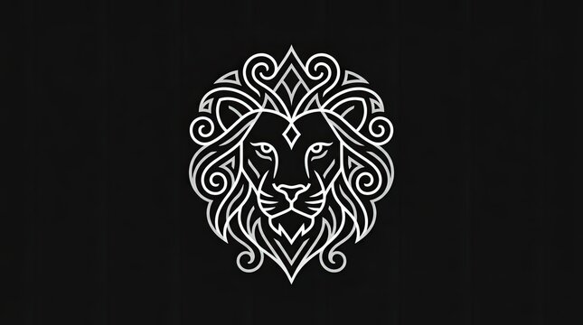 White line art lion head emblem on black.