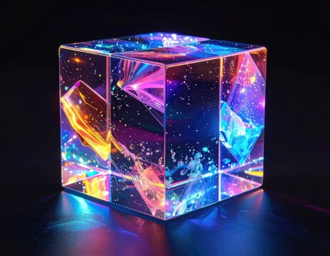 Crystalline cube refracting vibrant light with internal glowing particles