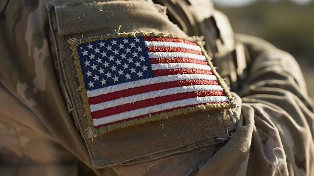 Close-Up of American Flag Patch on Military Uniform - A detailed close-up of an American flag patch sewn onto the sleeve of a U.S. military uniform.