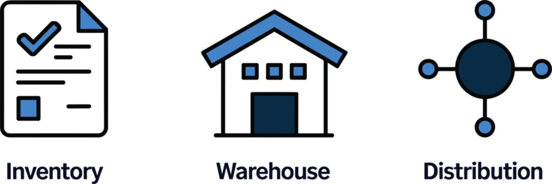 Supply chain management icon set including linear inventory checklist document warehouse building and distribution network vector