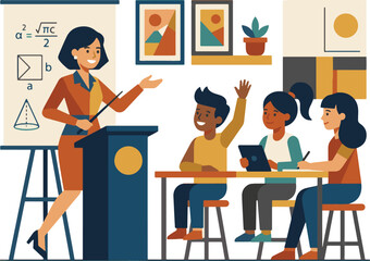 Fototapeta premium Teacher and students in classroom setting.
