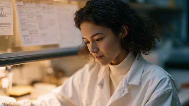 Neuroscience PhD student in a biosafety cabinet illuminates a mouse brain tissue sample with a fiber-optic probe for optogenetics light-controlled neuron research, blue-light